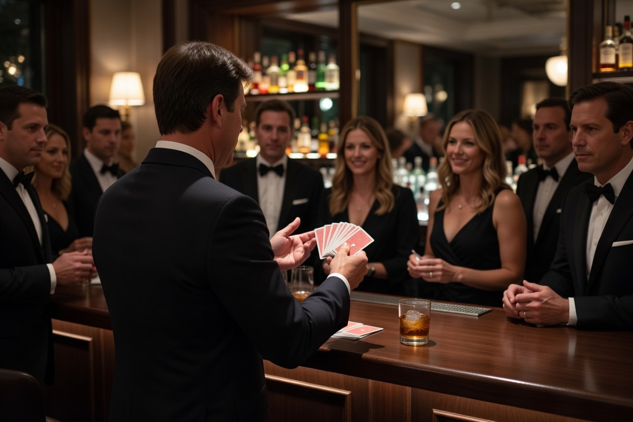 Mick Moore performing close-up card magic at a private gathering